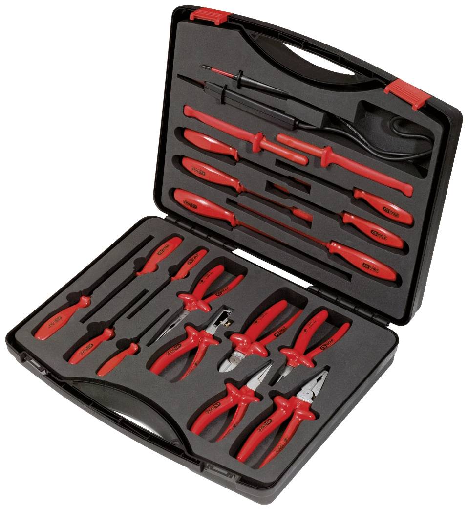 Ein geöffneter Werkzeugkoffer mit verschiedenen roten Handwerkzeugen, darunter Schraubendreher, Zangen und Spannungsprüfer.