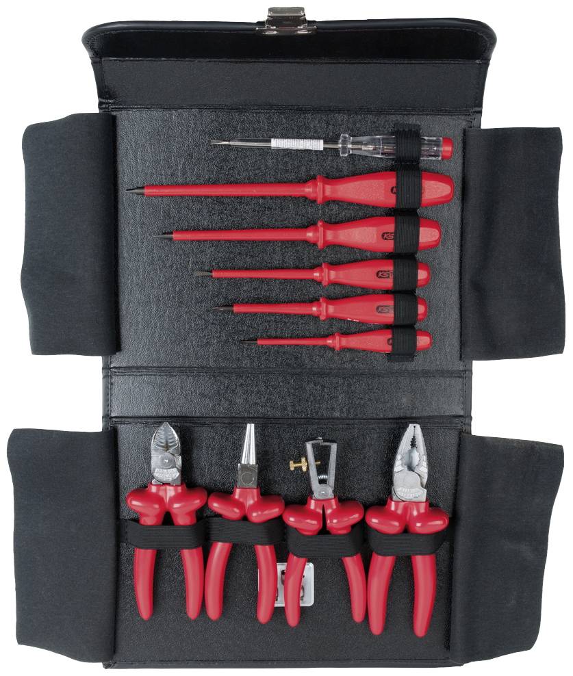Schwarzes Etui mit rotem Werkzeugsatz für Elektriker: Schraubendreher, Zangen und Drahtschneider, jeweils mit isolierten Griffen.
