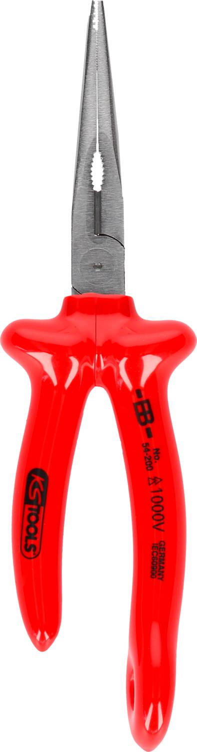 Rote Spitzzange mit gummierten Griffen und langem, schmalem Kopf, zum Greifen und Schneiden von Draht geeignet.