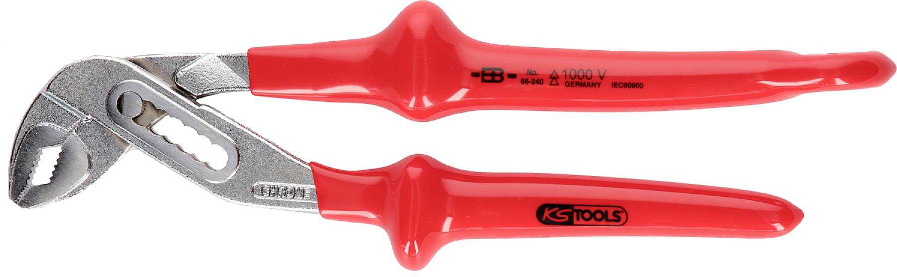 Rote Wasserpumpenzange mit verstellbarem Kiefer und isolierten Griffen, geeignet für verschiedene Rohrgrößen. Markenlogo auf dem Griff.