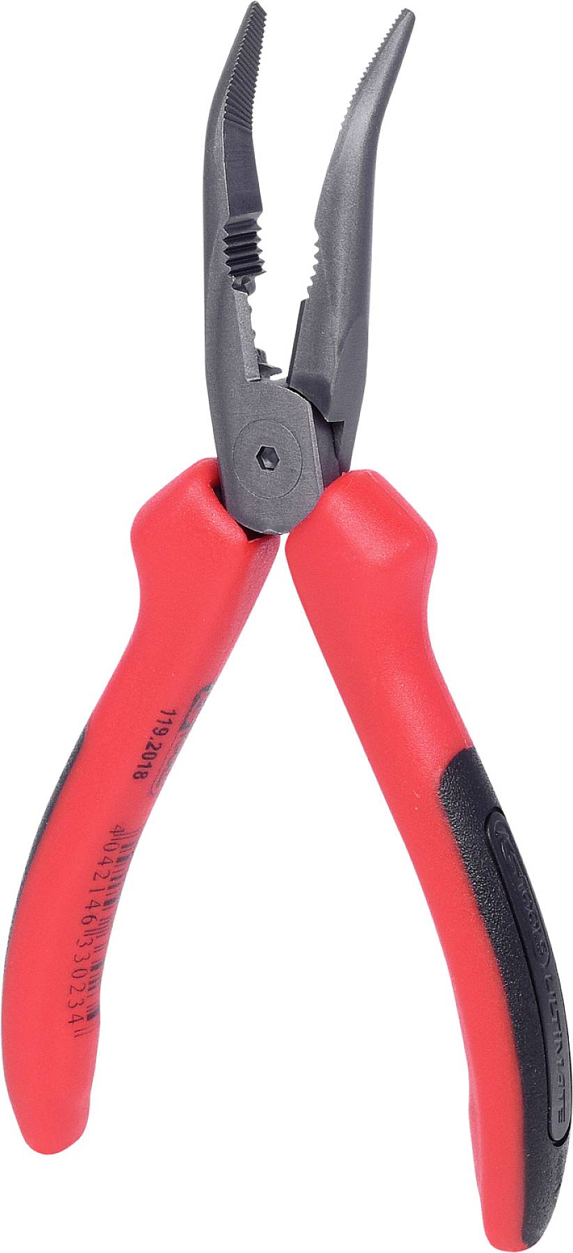 Eine rote Zange mit schwarzen Griffen steht offen, mit gezahnten Greifbacken, geeignet für verschiedene Greif- und Schneidaufgaben.