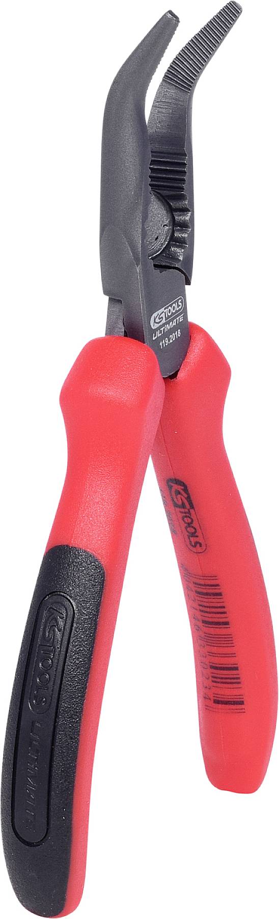 Rote Zange mit schwarzem Greifkopf; Werkzeug zum Halten oder Schneiden kleiner Objekte.