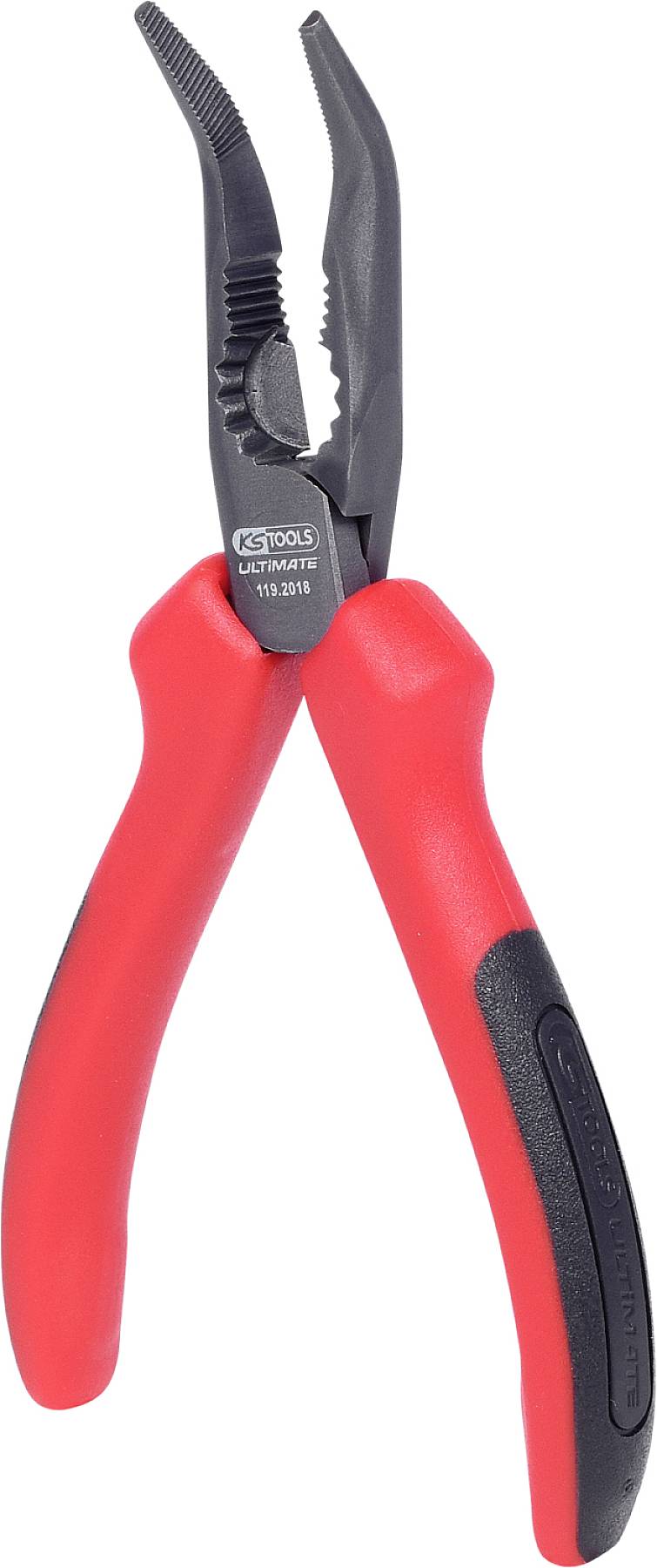 Rote Flachzange mit schwarzem Kopf, geeignet für Greif- und Schneidarbeiten, ergonomische Griffe für Handwerksarbeiten.