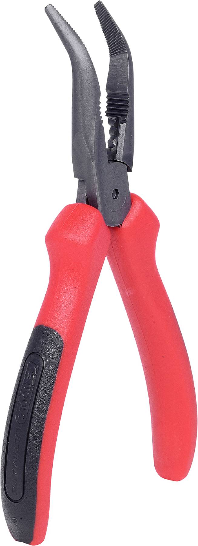 Rote Handzange mit schwarzen Griffsocken und spitzenbackige Greifer. Verwendet für das Halten und Biegen von Drähten.