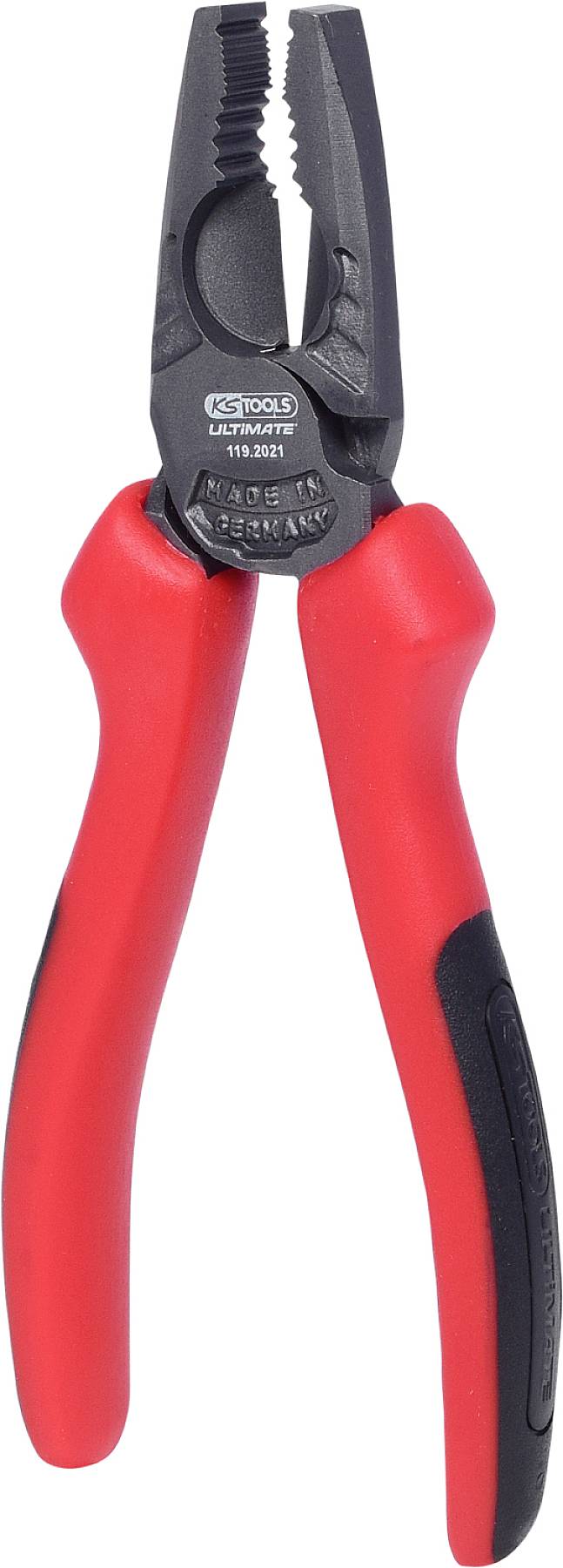 Rote Kombizange mit schwarzem Griff. Sie hat gezackte Backen und wird für verschiedene Handwerksarbeiten verwendet.