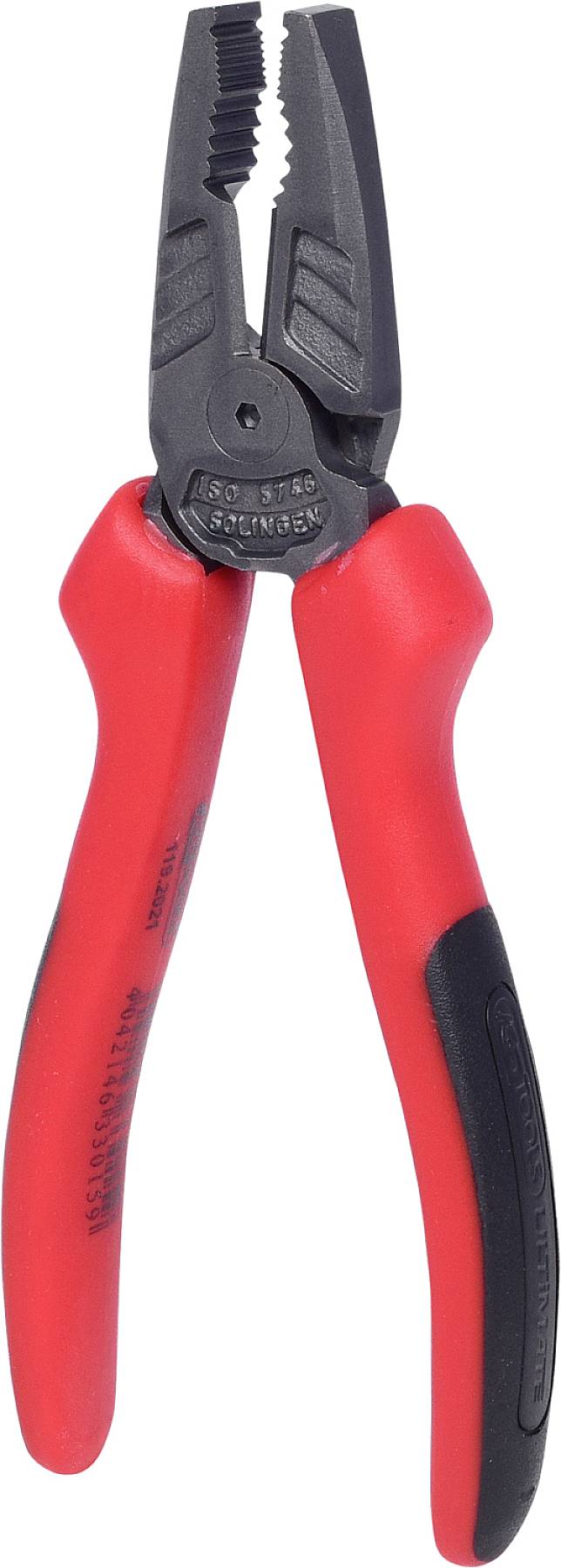 Rote Kombizange mit schwarzen Griffen und gezahnter Spitze; geeignet zum Greifen, Schneiden und Abisolieren von Drähten.