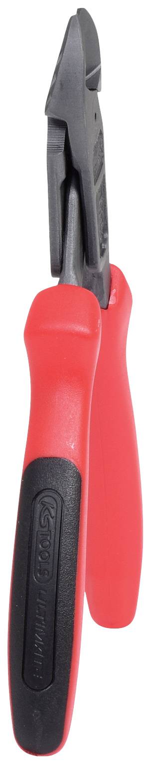 Seitenschneider mit rotem und schwarzem Griff, zeigt scharfe Klingen für präzises Schneiden von Drähten oder Kabeln.