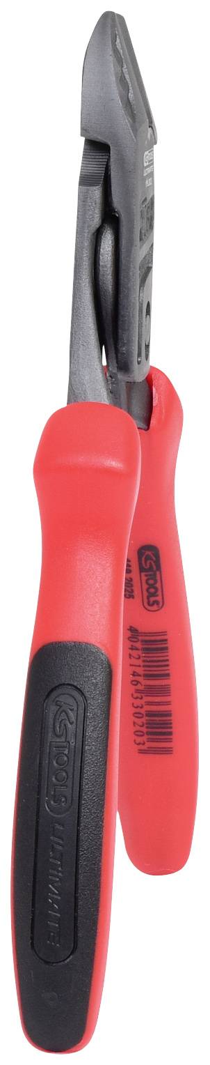 Rote und schwarze Zange mit ergonomischem Griff. Eignet sich zum Schneiden und Greifen von Werkstücken. Ideal für Heimwerker.