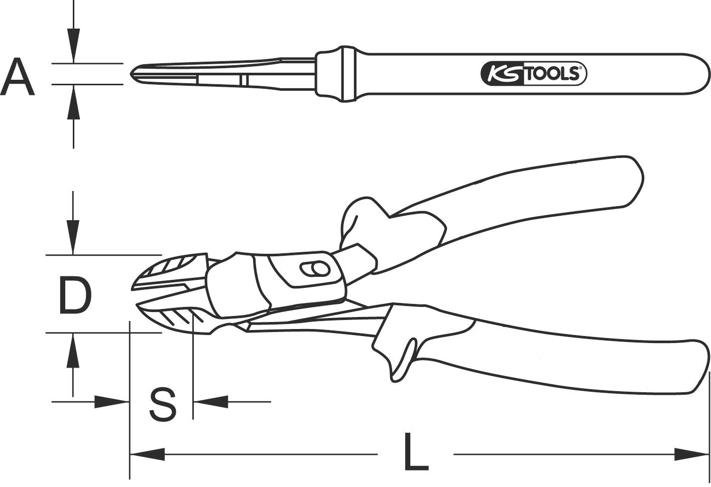 Eine technische Zeichnung zeigt zwei Werkzeuge: eine Zange und einen Schraubendreher von KS Tools, mit Maßangaben A, D, S, L.