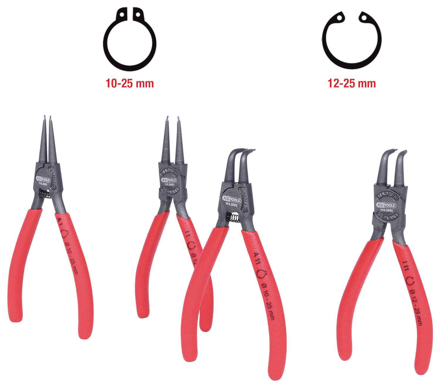 Zwei Zangen mit roten Griffen und zwei Innen- und Außenabbildungen von Seegerringen, jeweils mit Größenangaben von 10-25 mm und 12-25 mm.