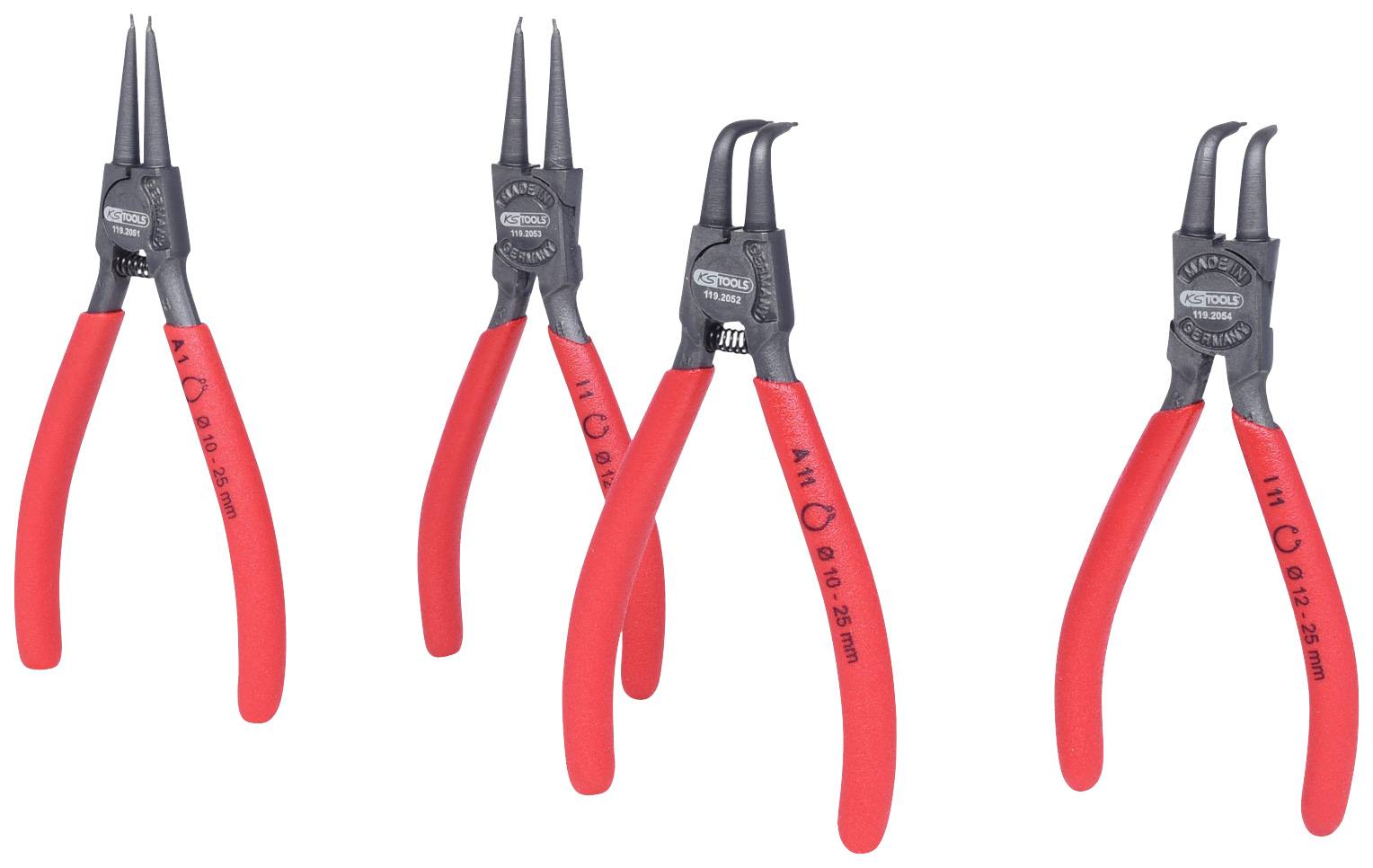 Vier Zangen mit roten Griffen, jeweils mit unterschiedlichen Spitzenformen: zwei mit geraden Spitzen, zwei mit gebogenen Spitzen. Geeignet für Präzisionsarbeiten.