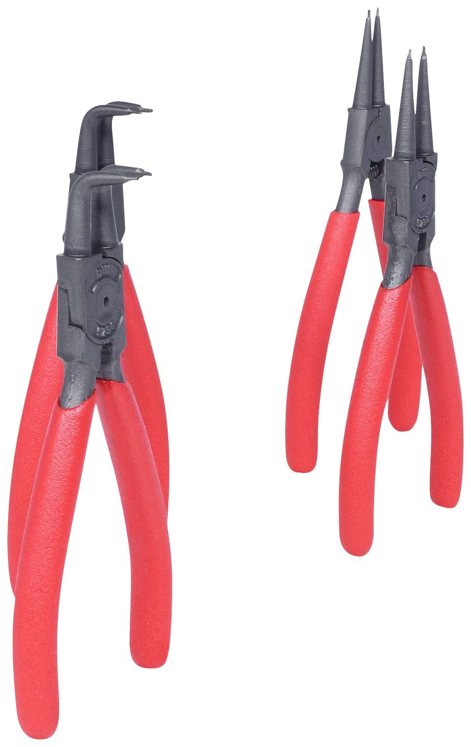 Drei rote Sicherungsringzangen mit unterschiedlichen Spitzen, nebeneinander stehend; Werkzeuge für präzise mechanische Arbeiten.