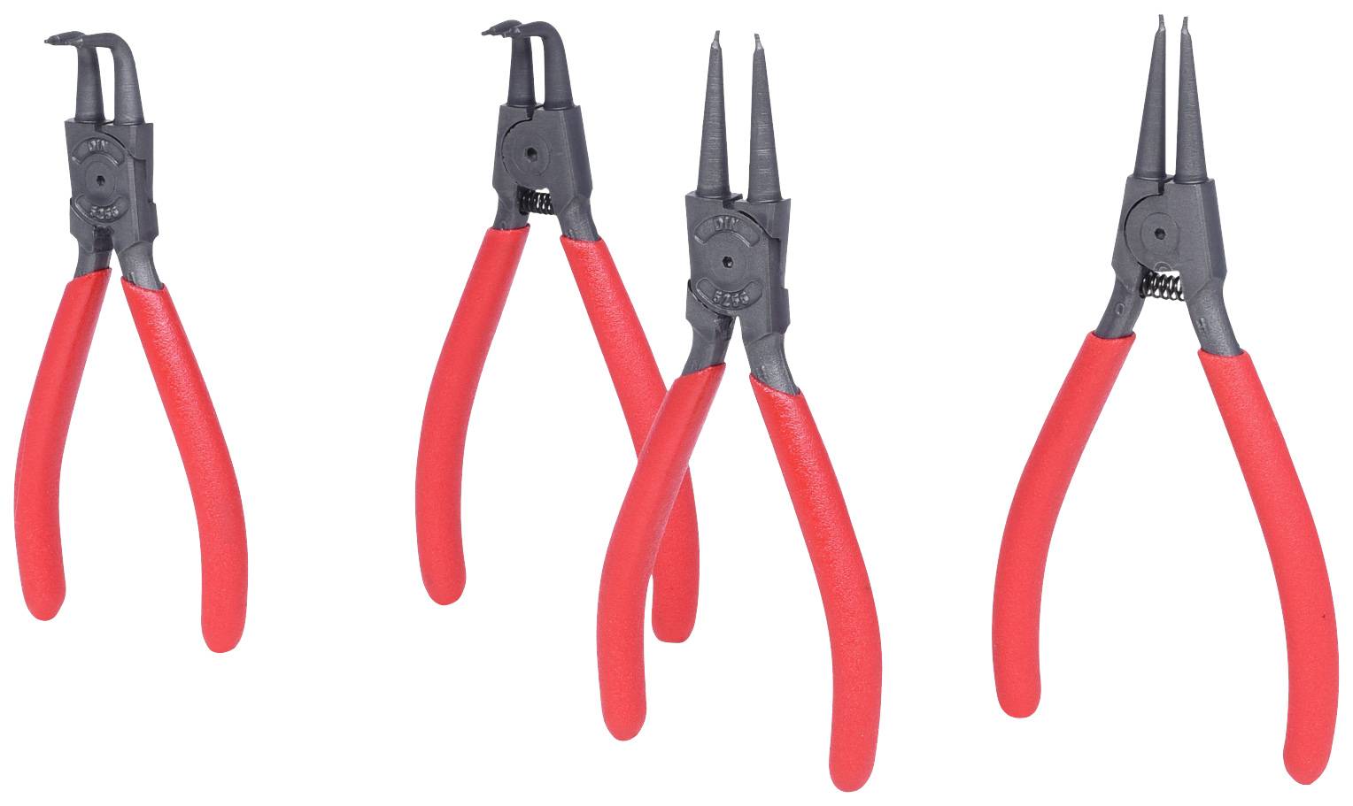 Vier Zangen mit roten Griffen, die jeweils unterschiedliche Spitzen haben: gebogen und gerade, einige nach innen, andere nach außen gerichtet.