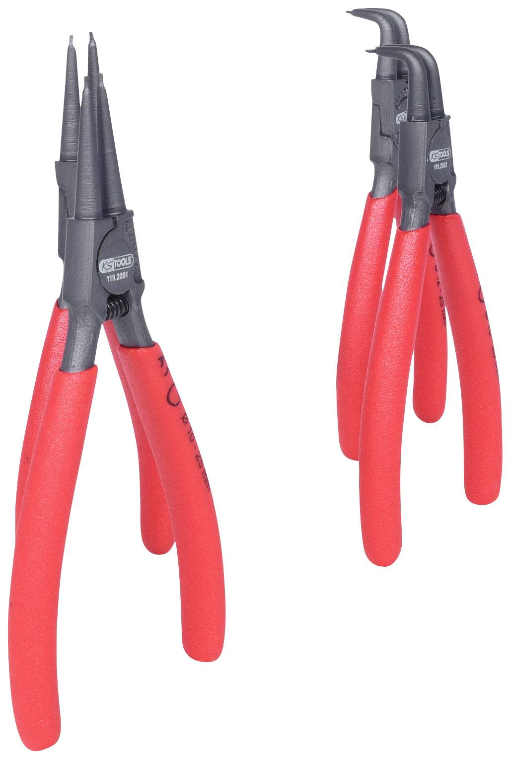 Zwei rote Sicherungsringzangen mit schwarzem Griff. Die linke hat gerade Spitzen, die rechte hat gebogene Spitzen.