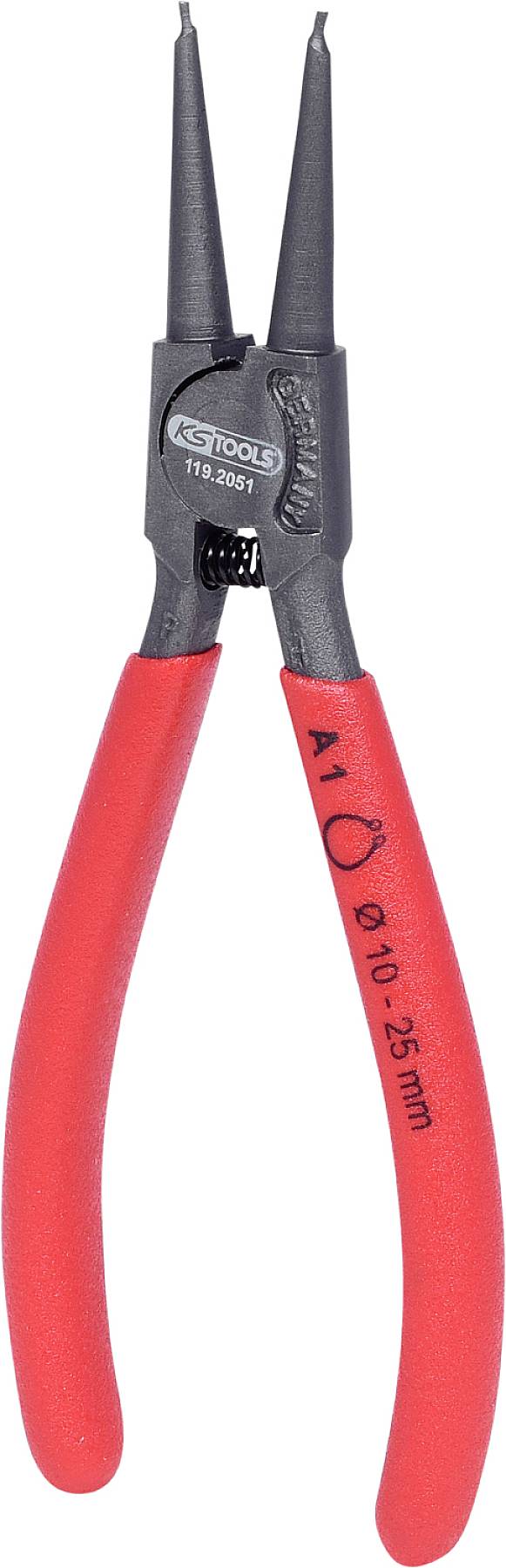 Rote, runde Seegerringzange mit schwarzer Spitze, geeignet für 10-25 mm Ringe.