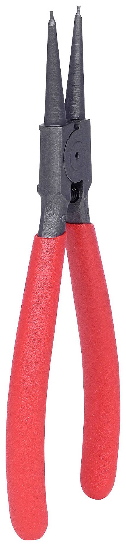 Eine rote Sprengringzange mit schwarzen Spitzen, verwendet zum Ein- oder Ausbau von Sprengringen in mechanischen Anwendungen.