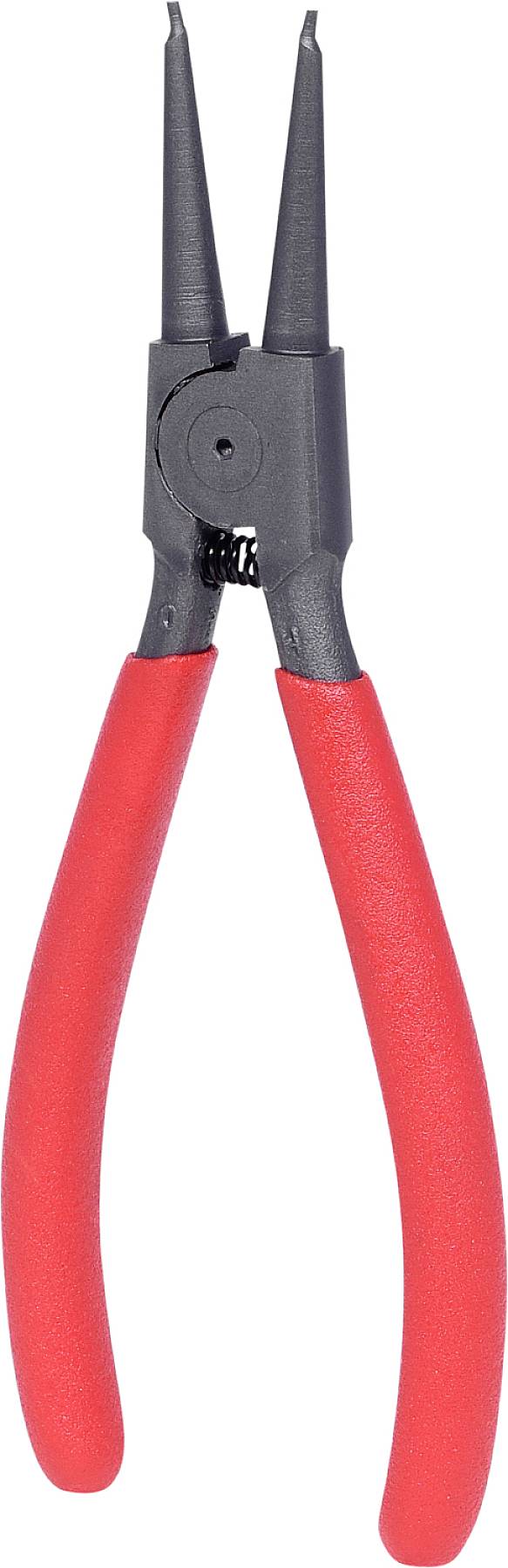 Rote Sprengringzange mit schwarzen Spitzen, die zum Öffnen oder Schließen von Sprengringen in mechanischen Anwendungen verwendet wird.