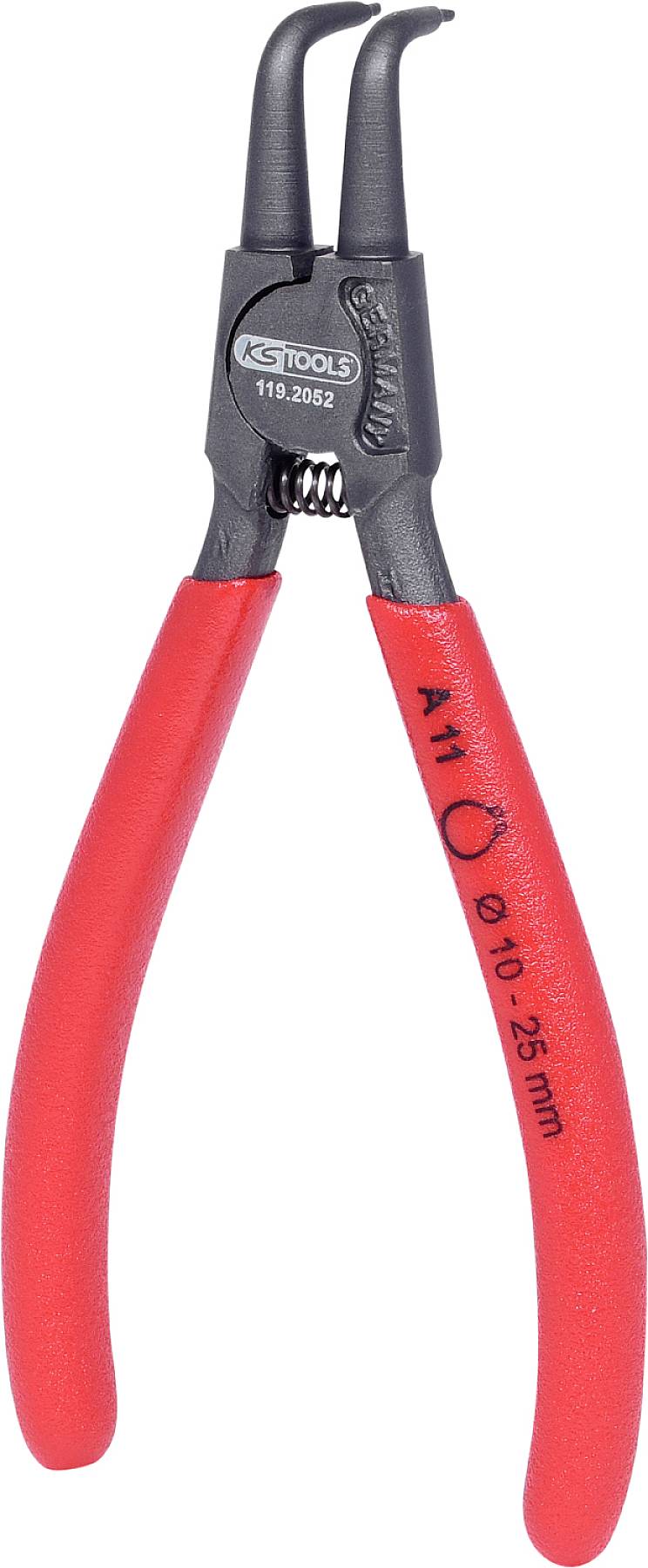 Rote Sprengringzange mit schwarzen, gebogenen Spitzen, geeignet für Innenringe von 10 bis 25 mm, markiert mit 'A11'.