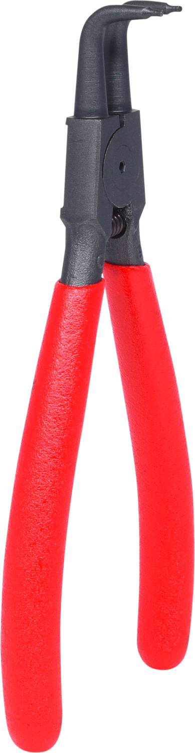 Rote Sicherungsringzange mit gebogenen Spitzen, geeignet für einfache Montage und Demontage von Sicherungsringen an verschiedenen Bauteilen.