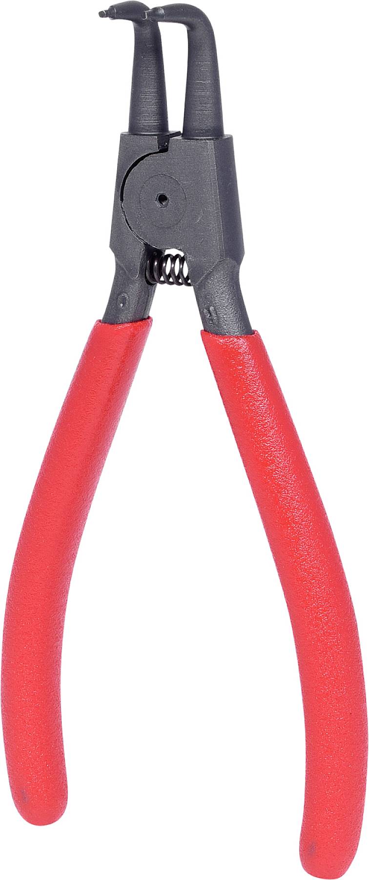 Rote Seegerringzange mit zwei Greifarmen und schwarzem Mittelteil. Geeignet zum Entfernen von Sicherungsringen.