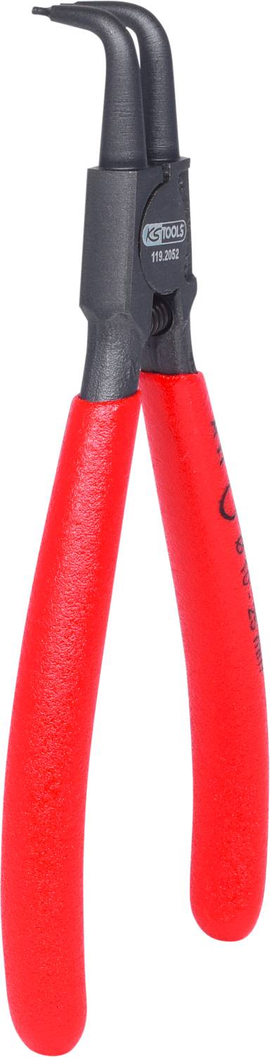 Eine rote Sicherungsringzange mit gebogenen Spitzen, genutzt zum Montieren und Entfernen von Sicherungsringen in Maschinen und Geräten.