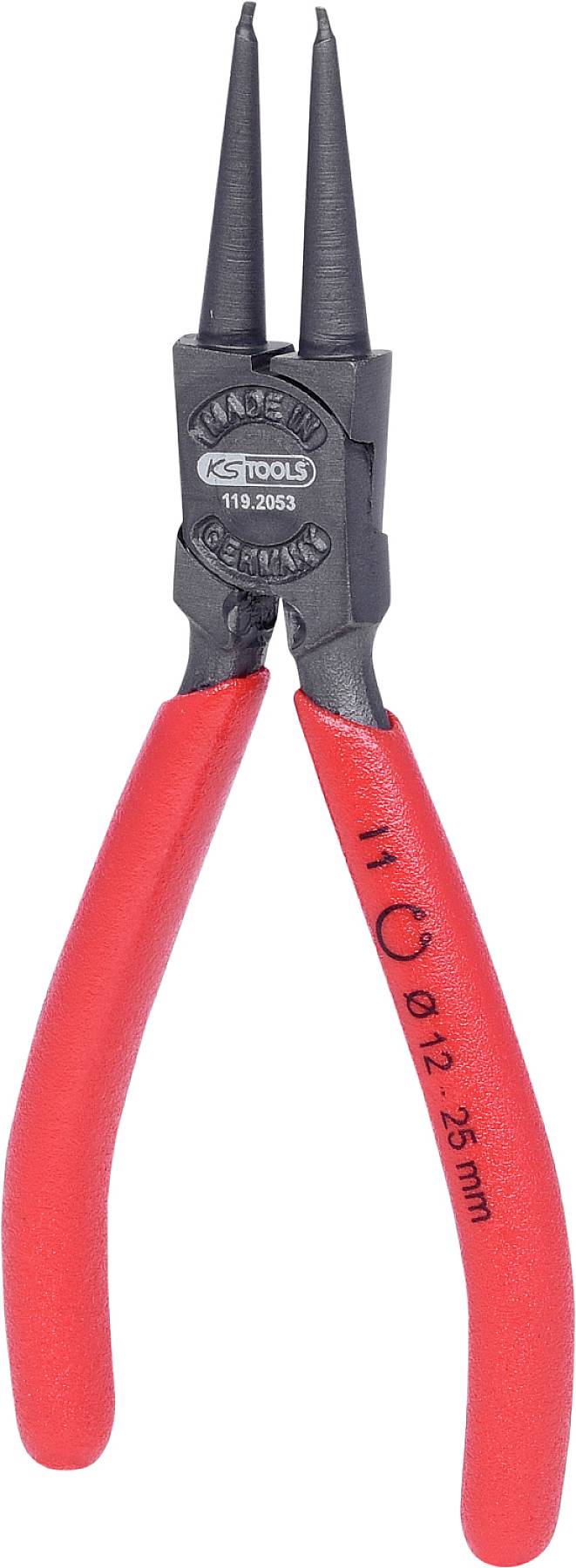 Eine rote Sprengringzange mit schwarzen Spitzen, geeignet für Ringe mit einem Durchmesser von 12 bis 25 mm.