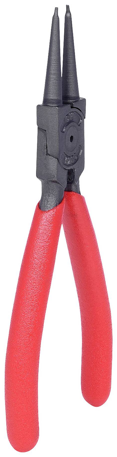 Eine rote Sprengringzange mit schwarzen Spitzen, die zum Entfernen und Anbringen von Sprengringen verwendet wird.