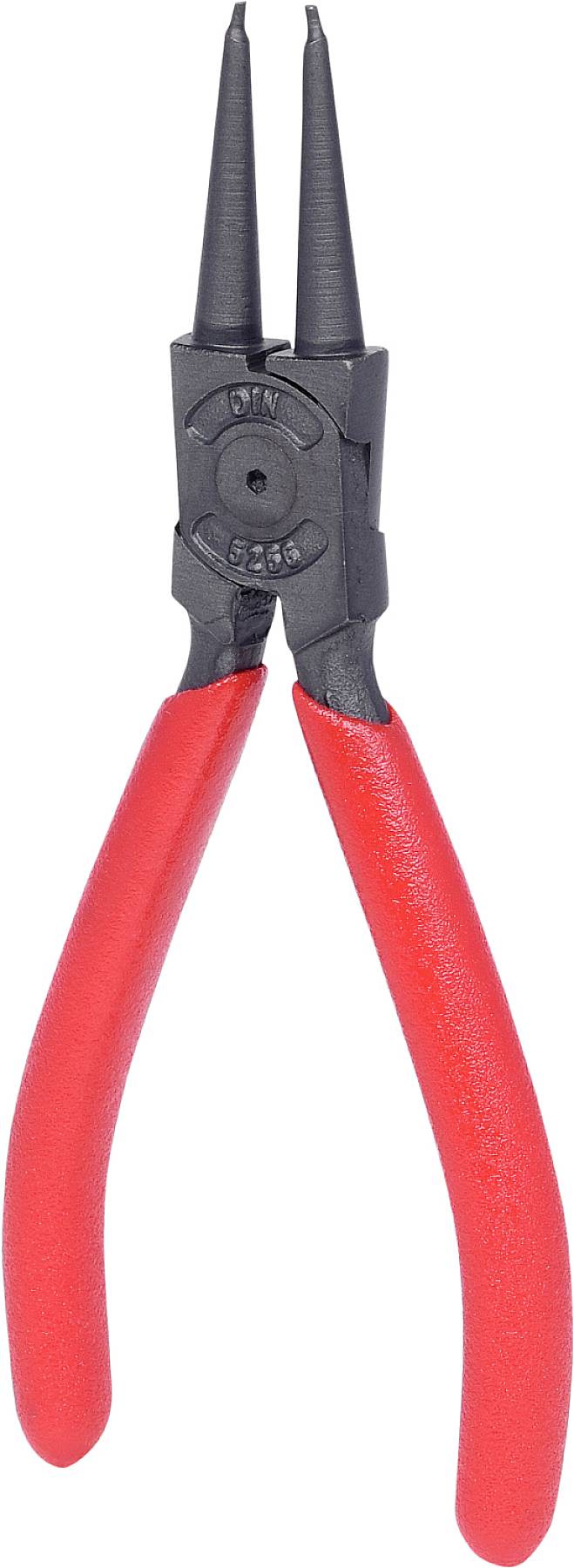 Rote Sprengringzange mit schwarzen Spitzen, verwendet zum Entfernen interner Sprengringe.