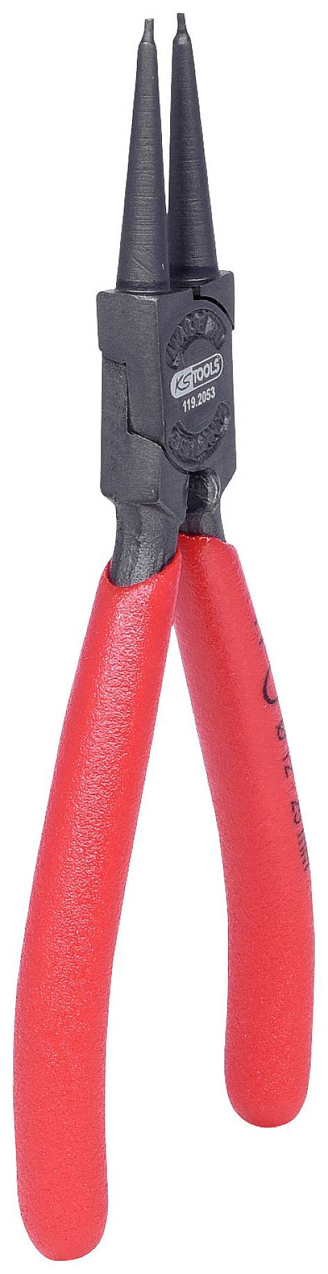 Rote Sicherungsringzange mit schwarzen Spitzen, geeignet zum Innenöffnen von Sicherungsringen in mechanischen Anwendungen.