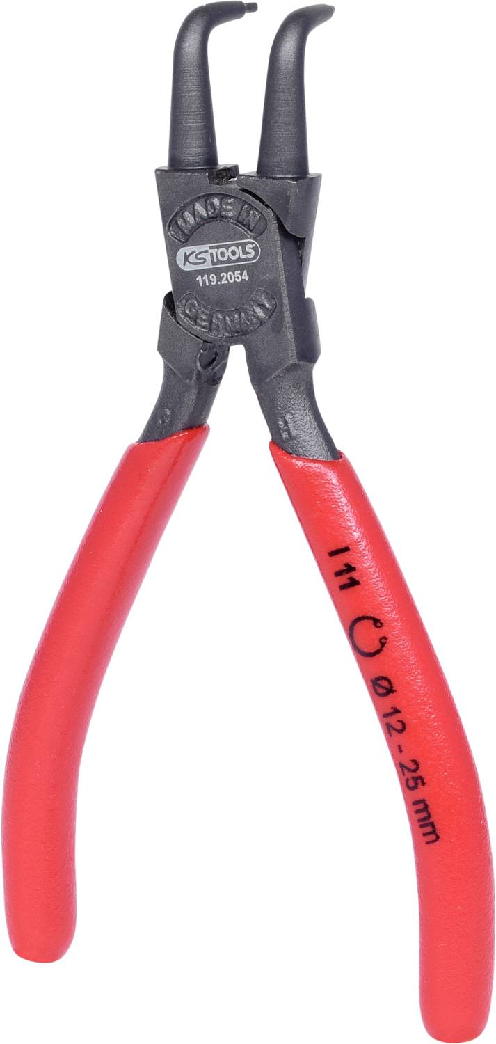 Eine rote Seegeringzange mit gebogenen Backen, geeignet für Seegerringe von 12 bis 25 mm.