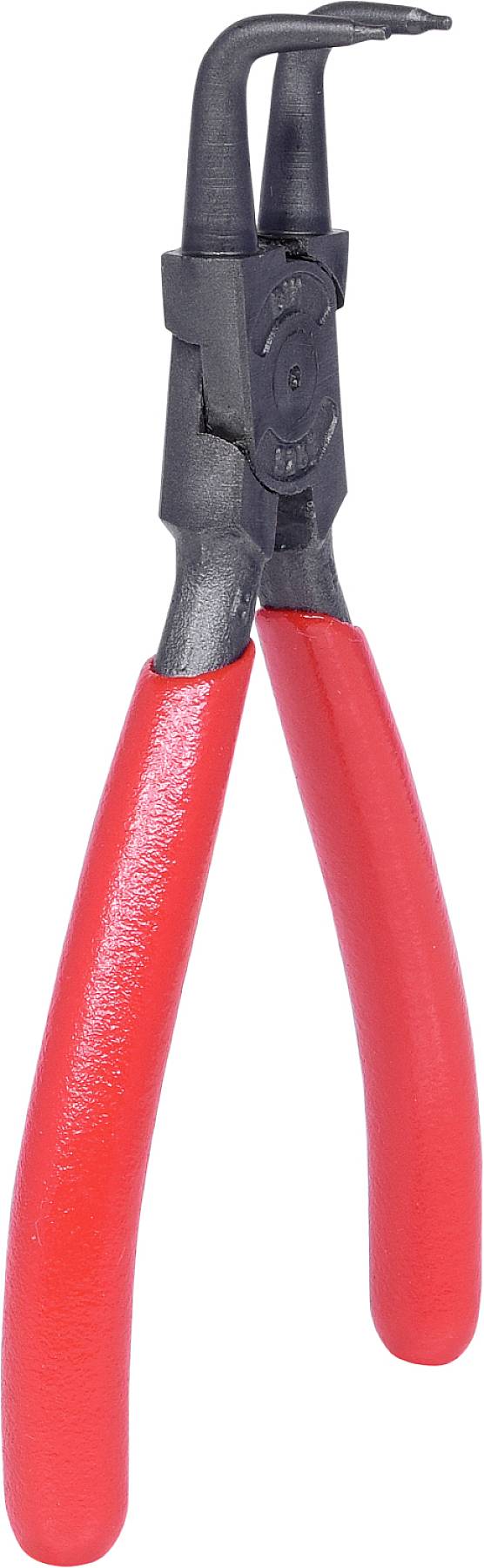 Rote Spitzzange mit gewinkelten Spitzen, geeignet zum Greifen oder Schneiden kleiner Objekte, Detailansicht des Werkzeugs.