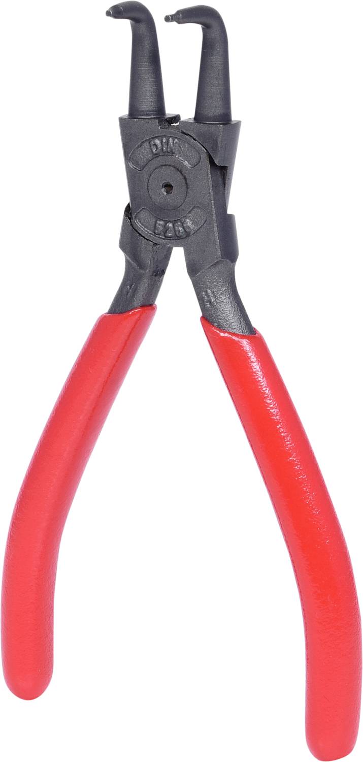 Rote Sprengringzange mit zwei schwarzen Haken an den Enden, geeignet zum Entfernen oder Befestigen von Sprengringen.