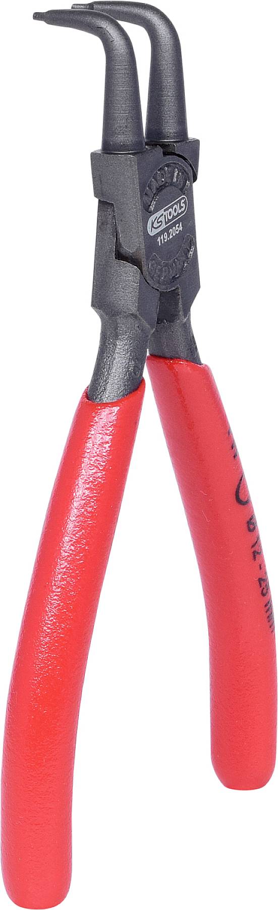 Spitzzange mit rotem Griff, speziell gebogen für präzises Arbeiten. Geeignet für Mechaniker oder Hobbybastler.