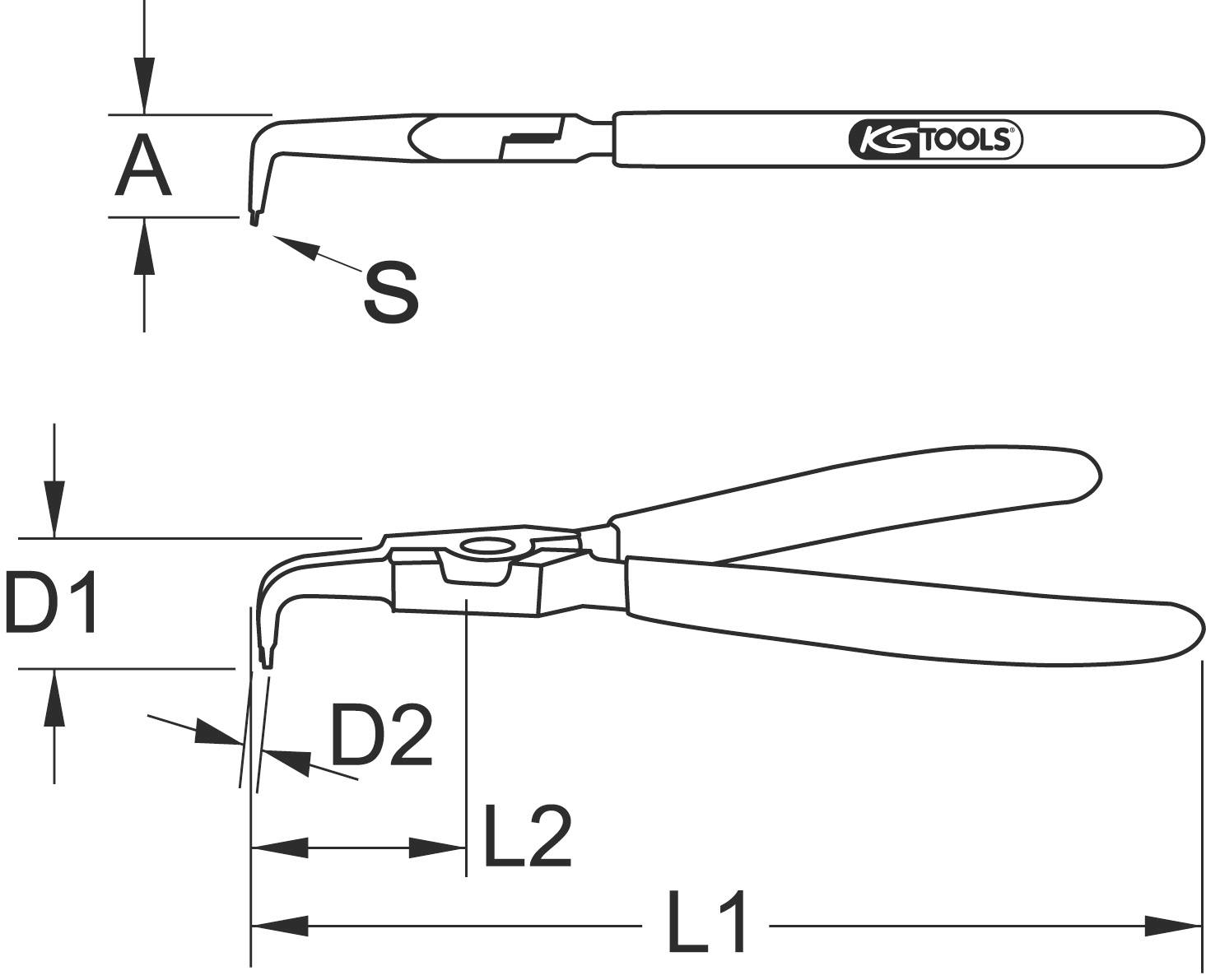 'KS TOOLS' Sicherungsringzange-Diagramm: Details der Abmessungen A, D1, D2, L1, L2, S dargestellt, Zange in Seiten- und Draufsicht.