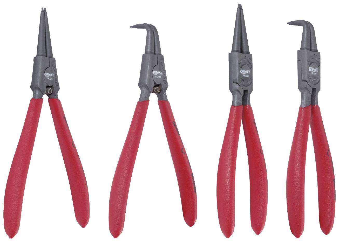 Vier rote Zangen mit schwarzen Spitzen in verschiedenen Formen: zwei mit geraden Spitzen und zwei mit gebogenen Spitzen, auf weißem Hintergrund.