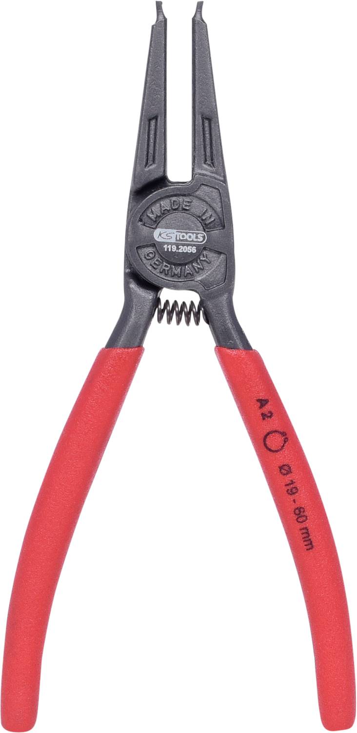 Rote Sprengringzange mit schwarzem Metallkopf, geeignet für Innenringe von 19 bis 60 mm.