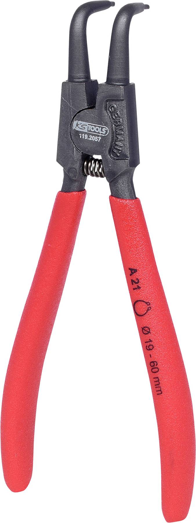 Rote Sprengringzange mit schwarzen Metallspitzen, geeignet zum Lösen und Anbringen von Sprengringen. Werkzeug für Präzisionsarbeit.