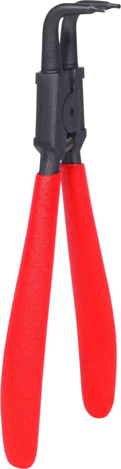 Rote Seegeringzange mit schwarzen Klemmen. Wird zum Entfernen oder Anbringen von Sicherungsringen in Mechanik verwendet.