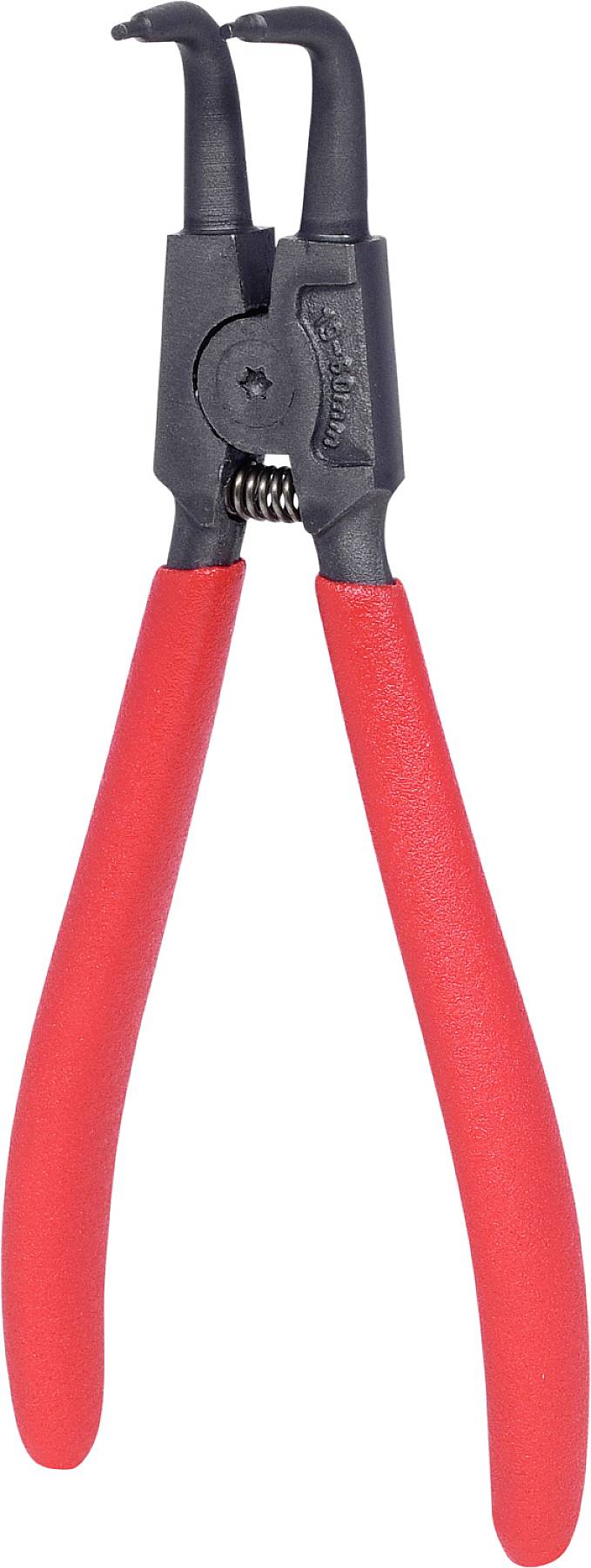 Eine rote Sprengringzange mit gebogenen Spitzen, geeignet für das Entfernen oder Anbringen von Sicherungsringen.