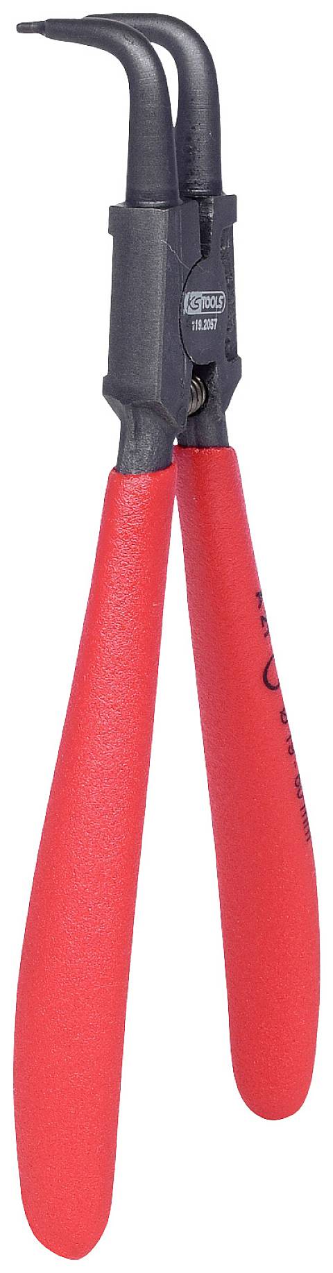 Rote Sprengringzange mit gebogenen Spitzen für Montage oder Demontage von Sprengringen in Mechanik oder Elektronik.