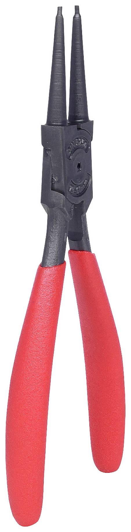 Rote Greifzange mit schwarzen Metallspitzen, geeignet für die Montage und Demontage von Sicherungsringen.
