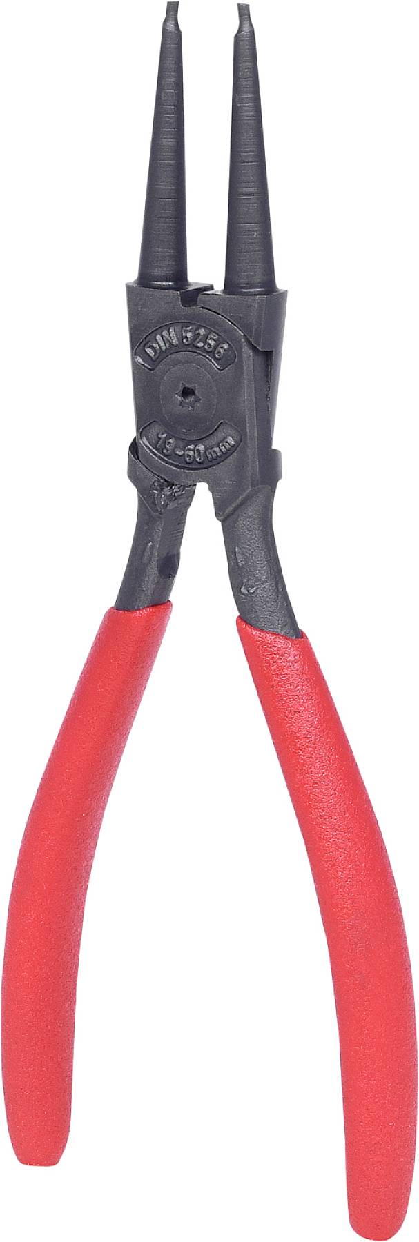 Eine Sprengringzange mit roten Griffen, genutzt zum Einsetzen oder Entfernen von Sicherungsringen in Maschinen und Fahrzeugen.