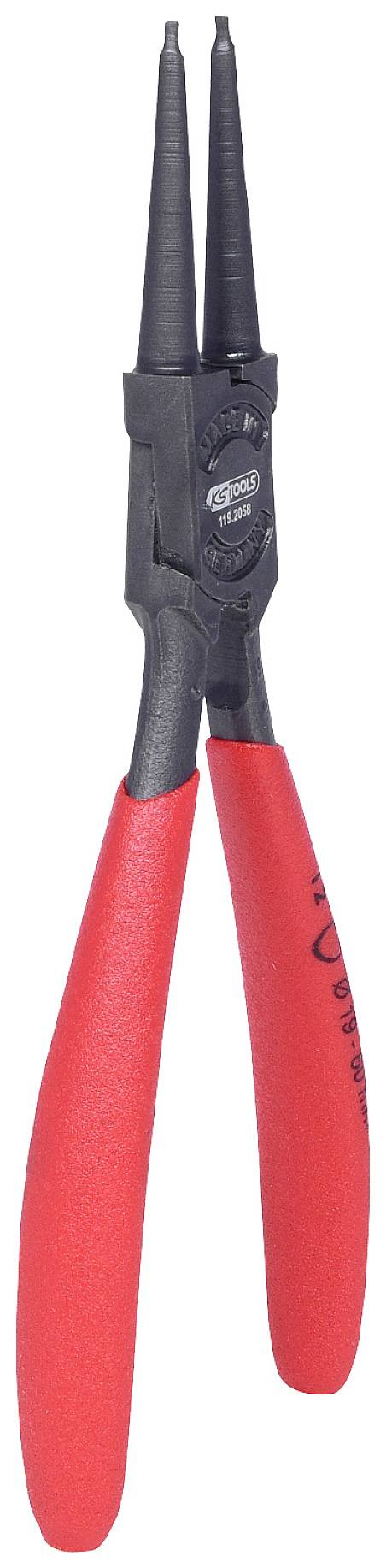 Eine gebogene Sicherungsringzange mit roten Griffen, geeignet für den Einsatz in mechanischen und elektronischen Anwendungen.