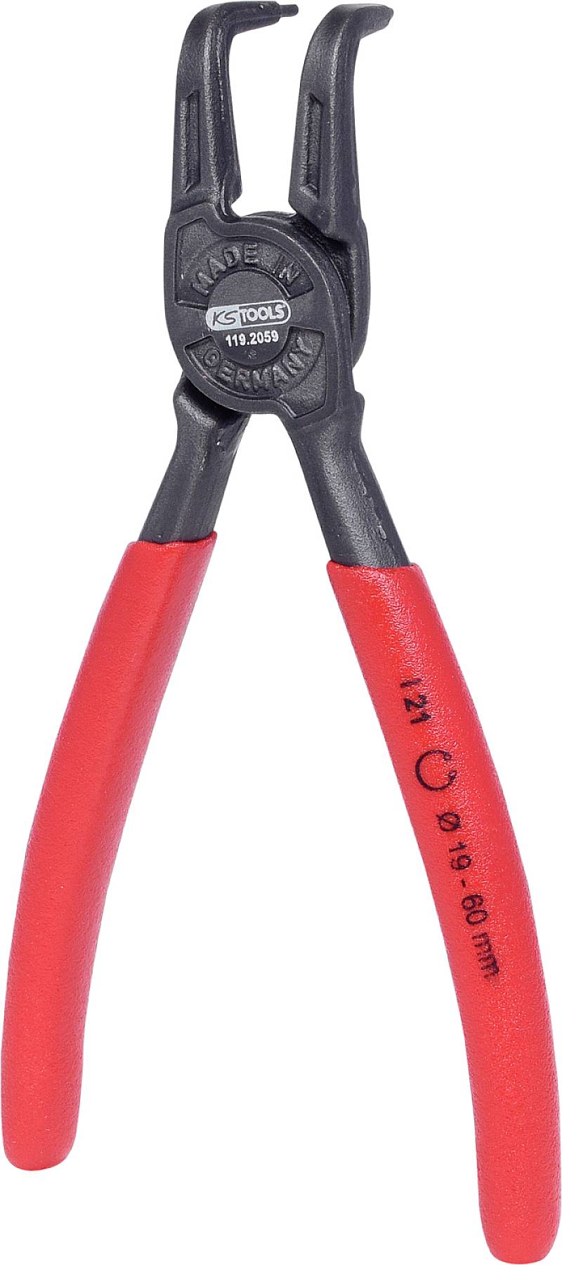 Eine rote Spitzzange mit schwarzem Kopf, auf dem 'Made in Germany' steht. Geeignet zum Greifen und Halten kleiner Gegenstände.