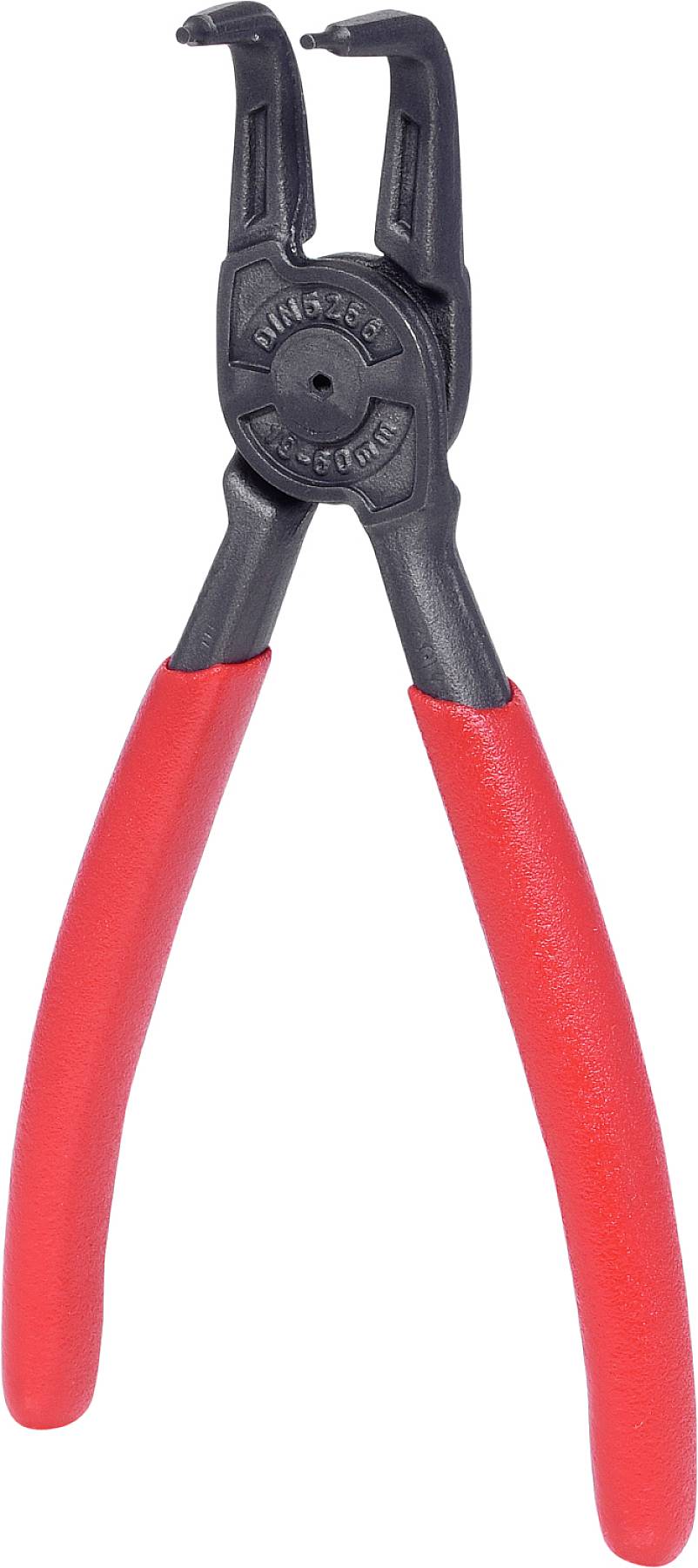 Zange mit roten Griffen, geeignet zum Entfernen von Sicherungsringen, aus schwarzem Metall mit spezieller Spitze für präzises Arbeiten.