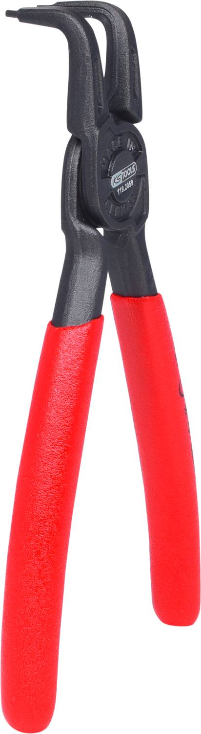 Zange mit rotem Griff und gebogenen Spitzen, geeignet für präzise Arbeiten an kleinen Objekten.