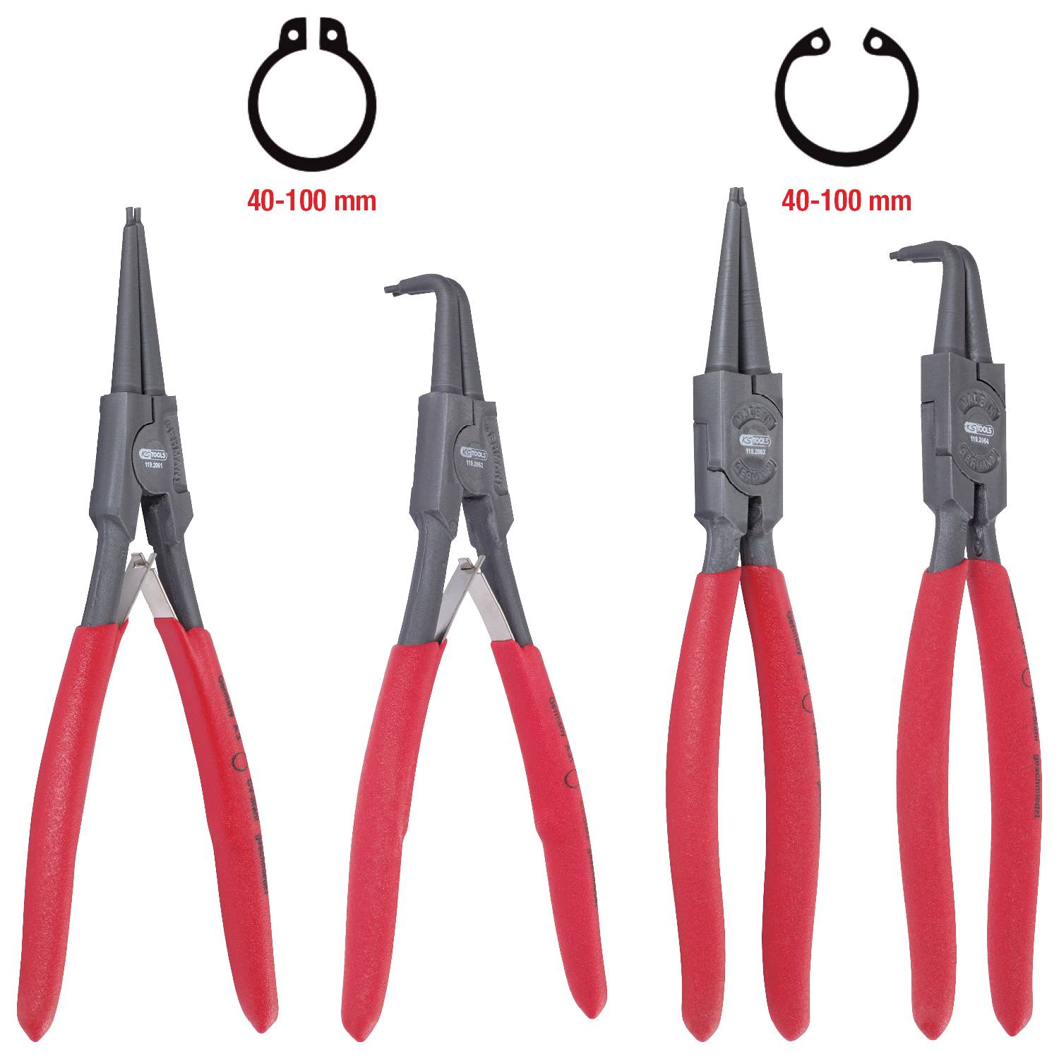 Zwei rote Sprengringzangen: links mit geraden Spitzen, rechts mit gebogenen Spitzen. Beide für Ringe von 40-100 mm geeignet.