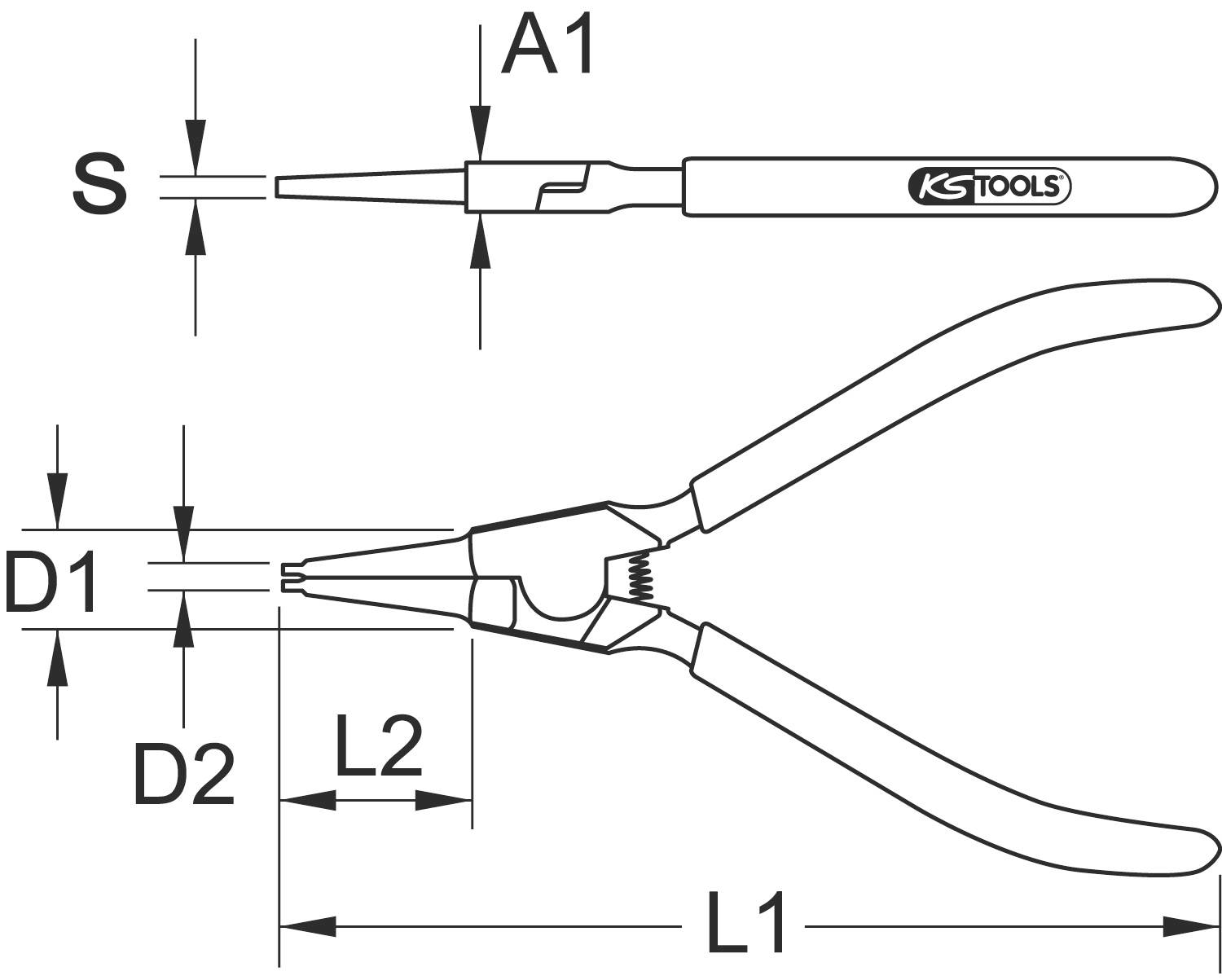 Technische Zeichnung einer Zange und eines Werkzeugs von KS Tools. Markiert sind Maße A1, S, D1, D2, L1 und L2.
