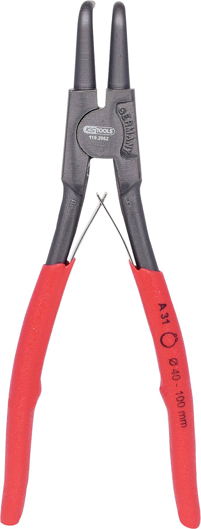 Eine rote Sprengringzange mit geraden Spitzen, geeignet zum Greifen kleiner Ringe oder Klemmen, auf weißem Hintergrund.