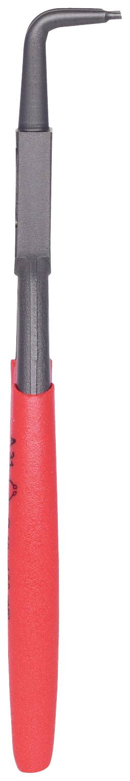 Ein Werkzeug mit rotem Griff und gebogenem Ende, ähnlich einem Haken, wird verwendet, um kleine Gegenstände zu greifen oder zu entfernen.